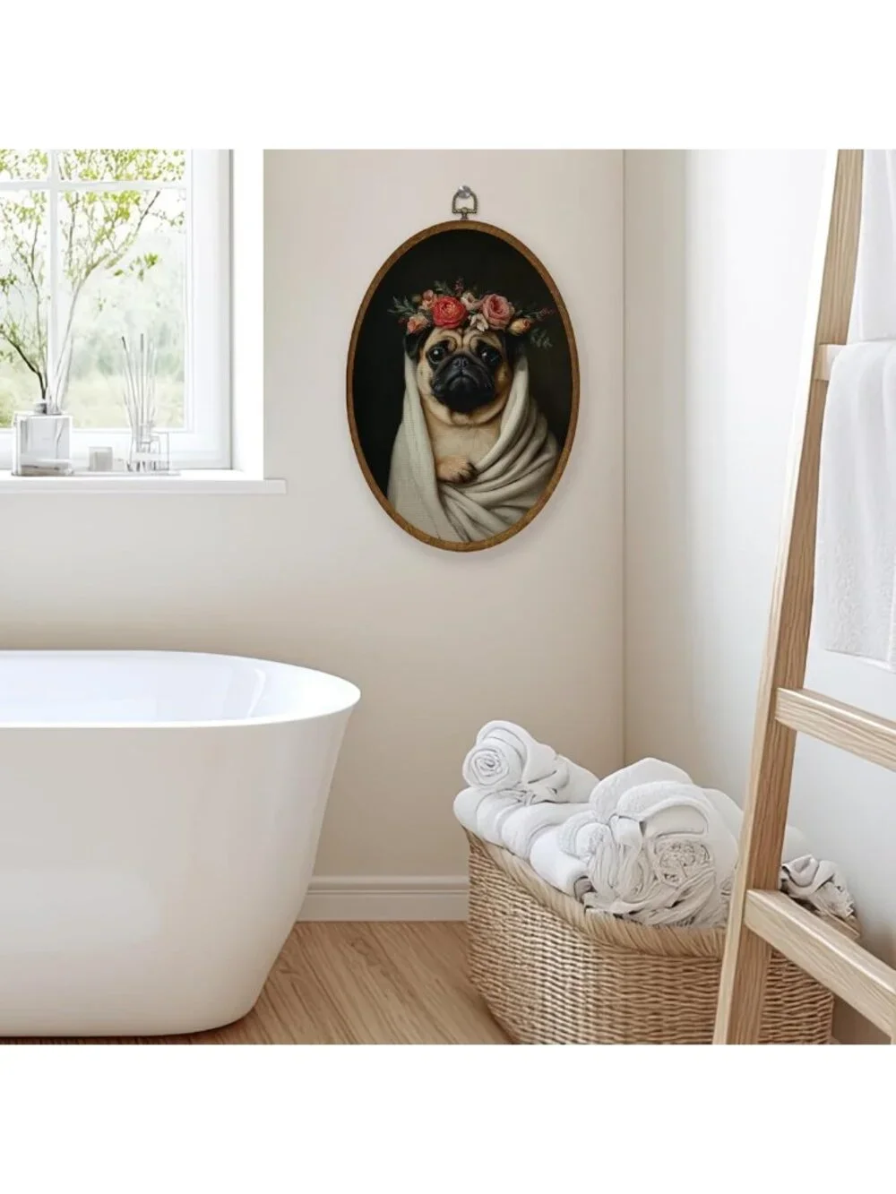 Funny Pug Floral Wall Art Decor | Oval Framed Canvas Print for Dog Lovers